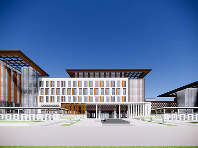 Modern Office Building Featuring Glass Curtain Walls Wooden Structures And Spacious Plaza Under Blue Sky 3d model