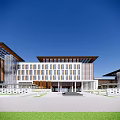 Modern Office Building Featuring Glass Curtain Walls Wooden Structures And Spacious Plaza Under Blue Sky