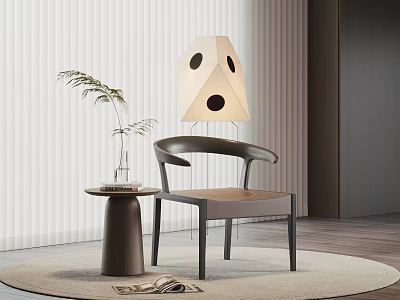 Stylish Leisure Chair with Round Side Table Dice Lamp and Green Plant on Circular Rug Against White Blinds 3d model