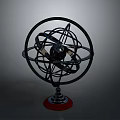 Intricate Spherical Metal Sculpture with Complex Wire Frame and Red Base Design