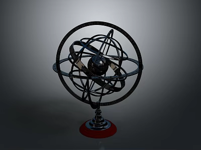 Intricate Spherical Metal Sculpture with Complex Wire Frame and Red Base Design 3d model