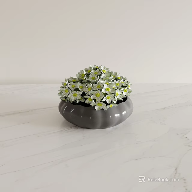 Decorative Gray Vase With White And Green Flowers On Marble Countertop 3d model 