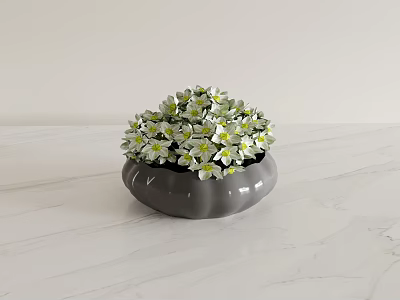 Decorative Gray Vase With White And Green Flowers On Marble Countertop 3d model
