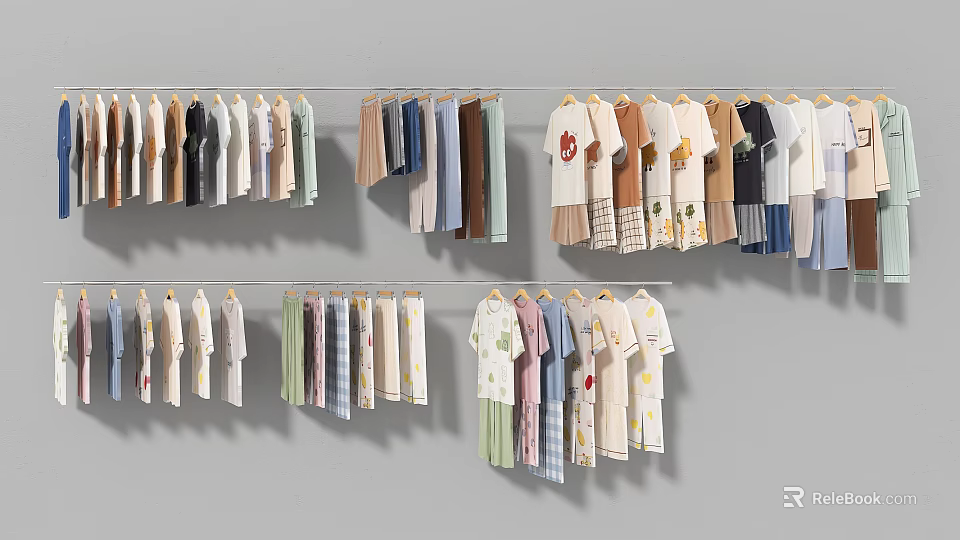 Clothes Hanging on Hangers with Various Styles and Colors in Two Rows Against Gray Background 3d model 