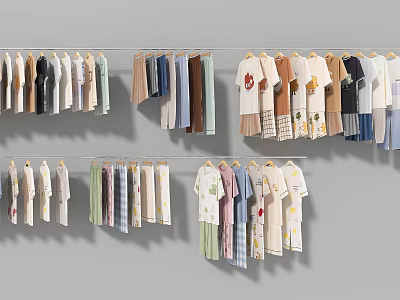 Clothes Hanging on Hangers with Various Styles and Colors in Two Rows Against Gray Background 3d model