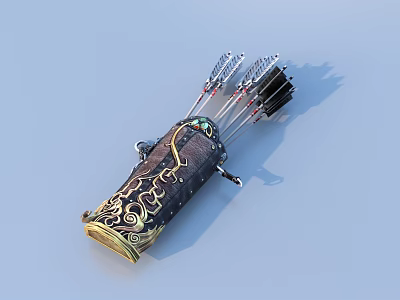 Decorative Leather Quiver With Arrows And Intricate Gold Black Patterns 3d model