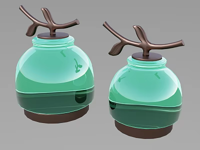 Elegant Green Ceramic Vessels With Branch Shaped Lids Set Of Two 3d model