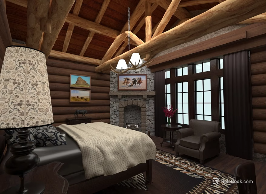 Hotel Guest Room Interior With Log Ceiling Wooden Beams Stone Fireplace And Cozy Furniture 3d model 