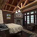 Hotel Guest Room Interior With Log Ceiling Wooden Beams Stone Fireplace And Cozy Furniture