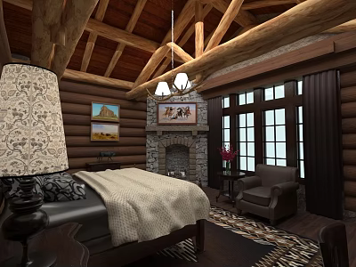 Hotel Guest Room Interior With Log Ceiling Wooden Beams Stone Fireplace And Cozy Furniture 3d model
