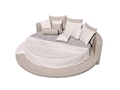Round Bed Interior Design With Multiple Pillows And White Bed Sheets 3d model