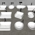 Various Shaped White Washbasins With Black Faucets On Grey Countertop