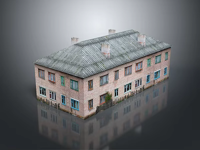 Cartoon Style 3D Brick Building Scene With Gray Roof Chimneys Windows And Base Reflection 3d model