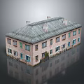 Cartoon Style 3D Brick Building Scene With Gray Roof Chimneys Windows And Base Reflection