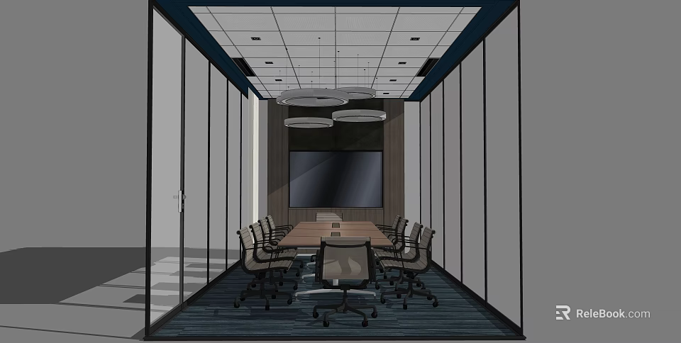 Modern Conference Room Interior With Long Table Chairs Large Screen And Glass Partitions 3d model 