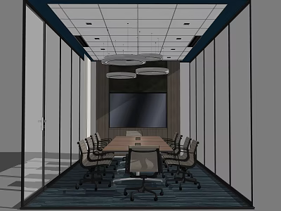 Modern Conference Room Interior With Long Table Chairs Large Screen And Glass Partitions 3d model