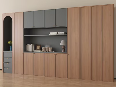 Modern Minimalist Wood And Grey Side Cabinet With Open Storage Display For Home Dining Space 3d model