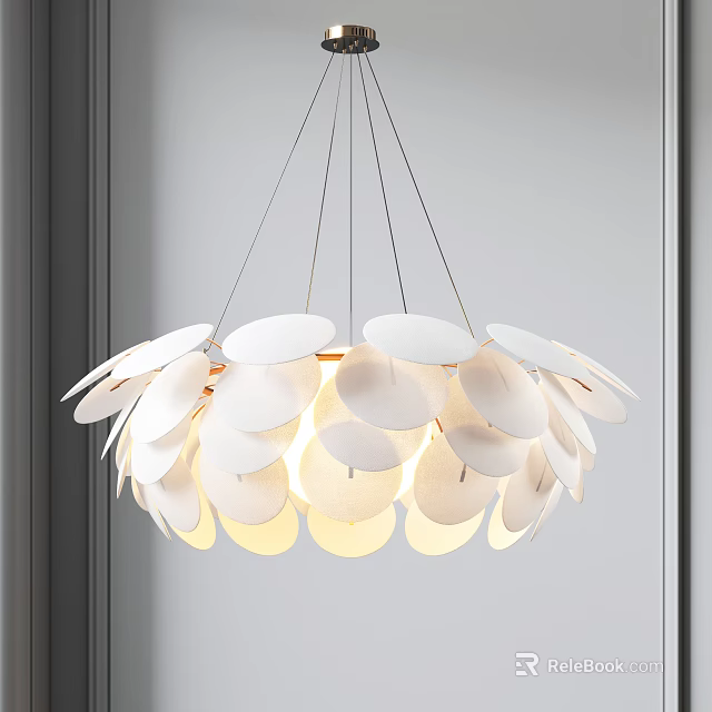 Modern Chandelier with White Circular Slices Petal Shaped Design and Soft Light Shining Through 3d model 