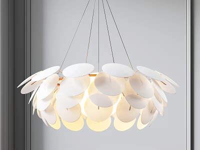 Modern Chandelier with White Circular Slices Petal Shaped Design and Soft Light Shining Through 3d model