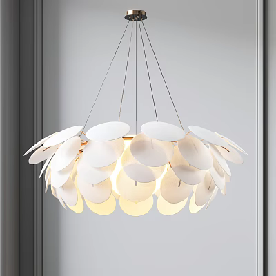 Modern Chandelier with White Circular Slices Petal Shaped Design and Soft Light Shining Through 3d model