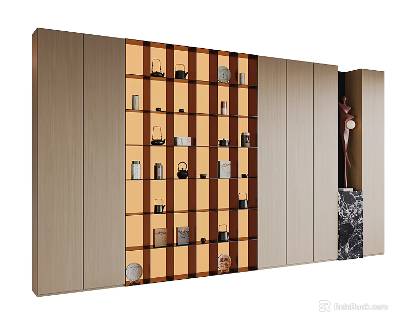 Modern Wooden Tea Cabinet With Glass Doors And Display Shelves For Tea Sets 3d model 