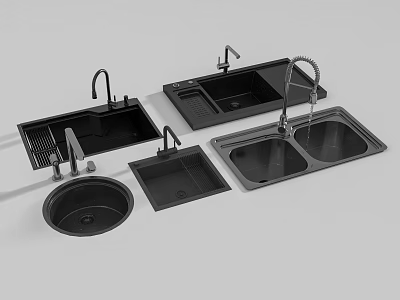 Modern Black Kitchen Sinks With Single And Double Bowl Designs And Faucet 3d model