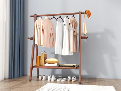 Wooden Coat Rack With Clothes Shoes And Accessories In Room 3d model