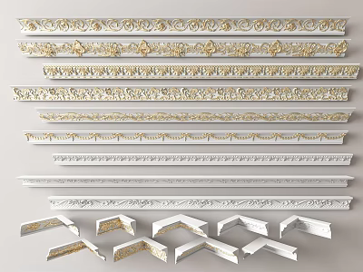 Various Decorative Crown Molding Designs With Gold Accents White Styles And Corner Pieces 3d model
