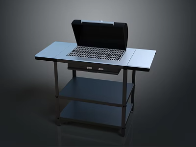 Grill With Open Lid On Metal Stand Featuring Tabletop Drawer And Lower Shelf 3d model
