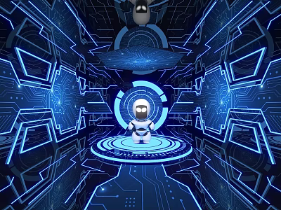 Futuristic Tech Room Featuring Robot Central With Blue Neon Circuit Patterns And Glowing Lines 3d model