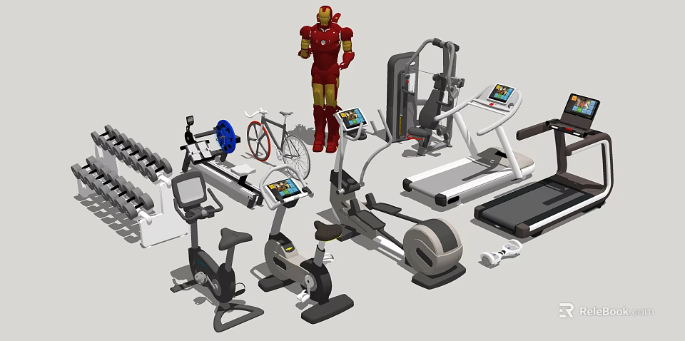 Modern Sports Equipment Collection Including Dumbbells Exercise Bikes Treadmills And Elliptical Machines 3d model 