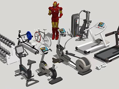 Modern Sports Equipment Collection Including Dumbbells Exercise Bikes Treadmills And Elliptical Machines 3d model