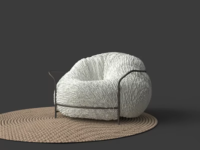 White Textured Single Sofa With Black Metal Frame On Knitted Round Rug 3d model