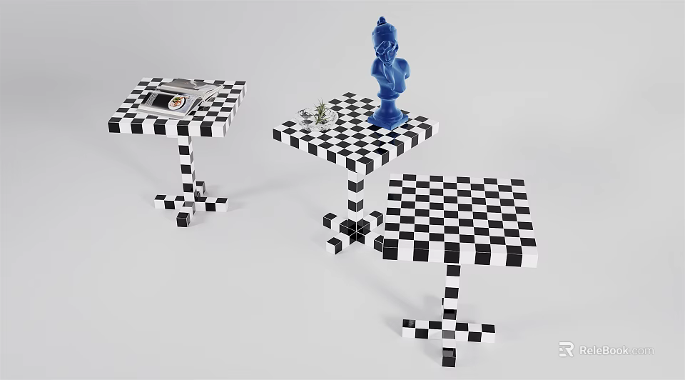 Black And White Checkerboard Pattern Side Tables With Modern Design Elements 3d model 