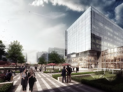 Modern Office Building With Glass Curtain Wall Pedestrians And Greenery In Urban Plaza 3d model