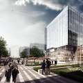 Modern Office Building With Glass Curtain Wall Pedestrians And Greenery In Urban Plaza