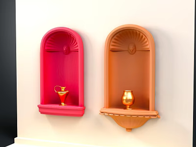 Decorative Wall Niches With Red And Orange Designs Golden Vessels Mounted On White Wall 3d model