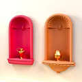 Decorative Wall Niches With Red And Orange Designs Golden Vessels Mounted On White Wall