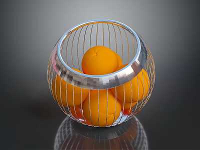 Fresh Oranges Neatly Arranged in Silver Wire Basket on Reflective Surface 3d model
