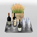 Elegant Wine Bottles And Glasses On Black Tray With Wooden Box And Grass