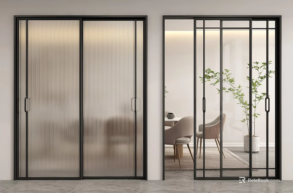 Modern Interior Glass Doors With Striped And Transparent Panels And Black Frames 3d model 