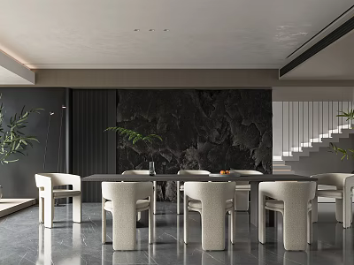 Modern Restaurant Interior Featuring Large Dining Table White Chairs Dark Wall Green Plants And Gray Floor 3d model