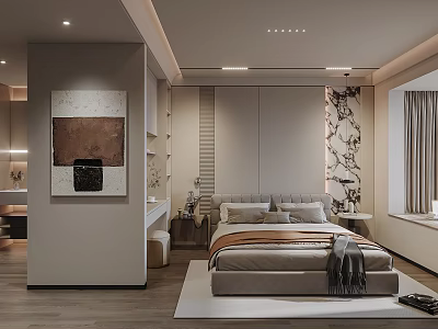 Modern Bedroom Interior With Comfortable Bed Decorative Artwork Wooden Flooring Recessed Lighting And Light Curtains 3d model