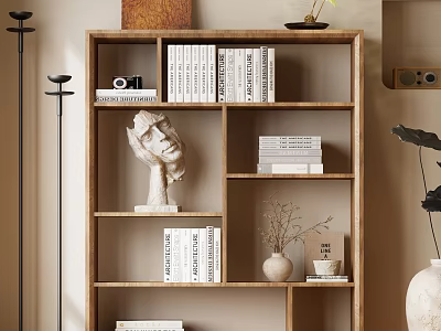 Modern Wooden Bookcase Design With White Books Sculpture Head Camera Vase And Stacked Books 3d model