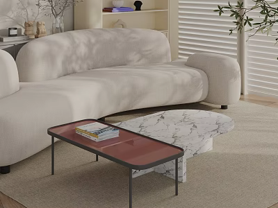 Red Glass Rectangular And Marble Irregular Coffee Tables In Modern Living Room With Beige Sofa 3d model