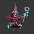 Fantasy Game Wizard Character with Pink Pointed Hat Glowing Blue Magic Staff Colorful Scarf and Crystal Pendant