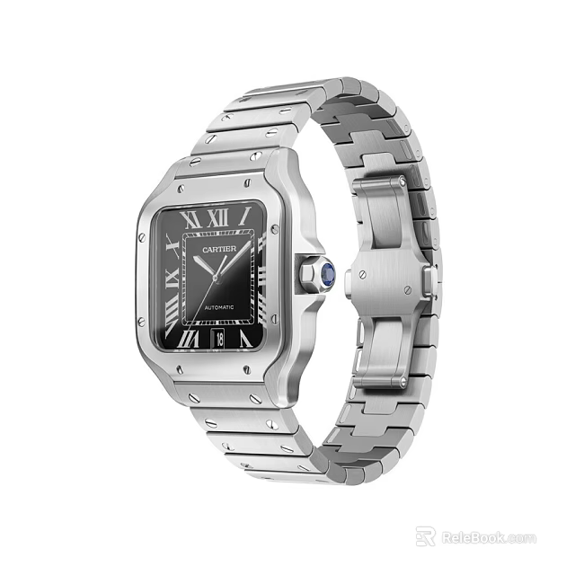 Stylish Digital Watch With Square Black Dial Roman Numerals And Silver Metal Strap 3d model 