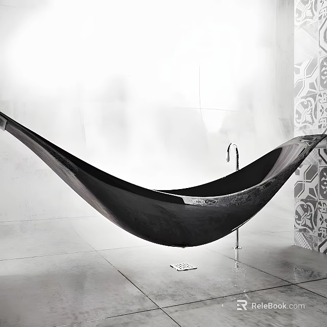 Black Hammock Shaped Bathtub in Modern Bathroom with Tiled Walls and Faucet 3d model 