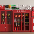 Fire Equipment Assortment in Mini Fire Station Red Cabinets with Helmets Boots Extinguishers and Hoses