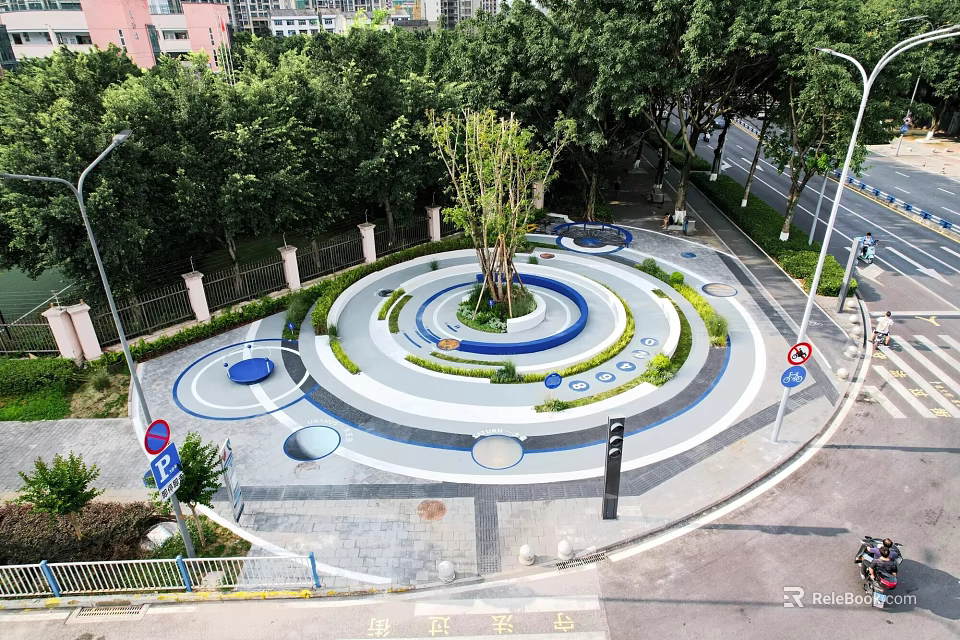 Park Landscape With Circular Design Central Tree Multi Level Platforms Blue Gray Elements And Greenery 3d model 